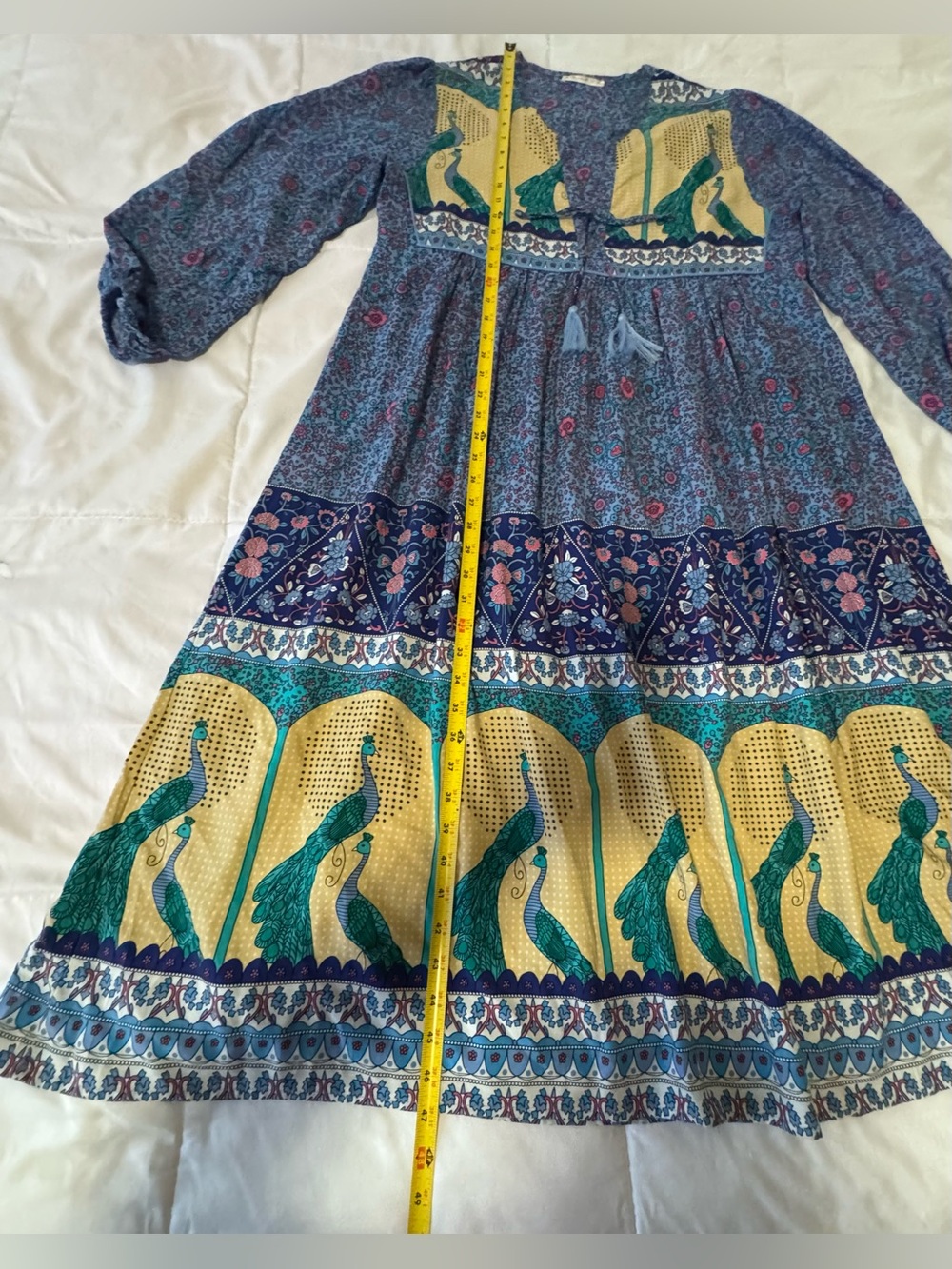 Boho Maxi Dress with Peacock Motif in Blue and Cream Sz M - Picture 8 of 11